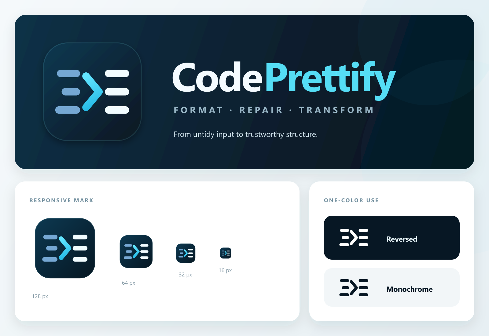 CodePrettify logo format overview showing the full logo, icon sizes, reversed logo, and monochrome logo