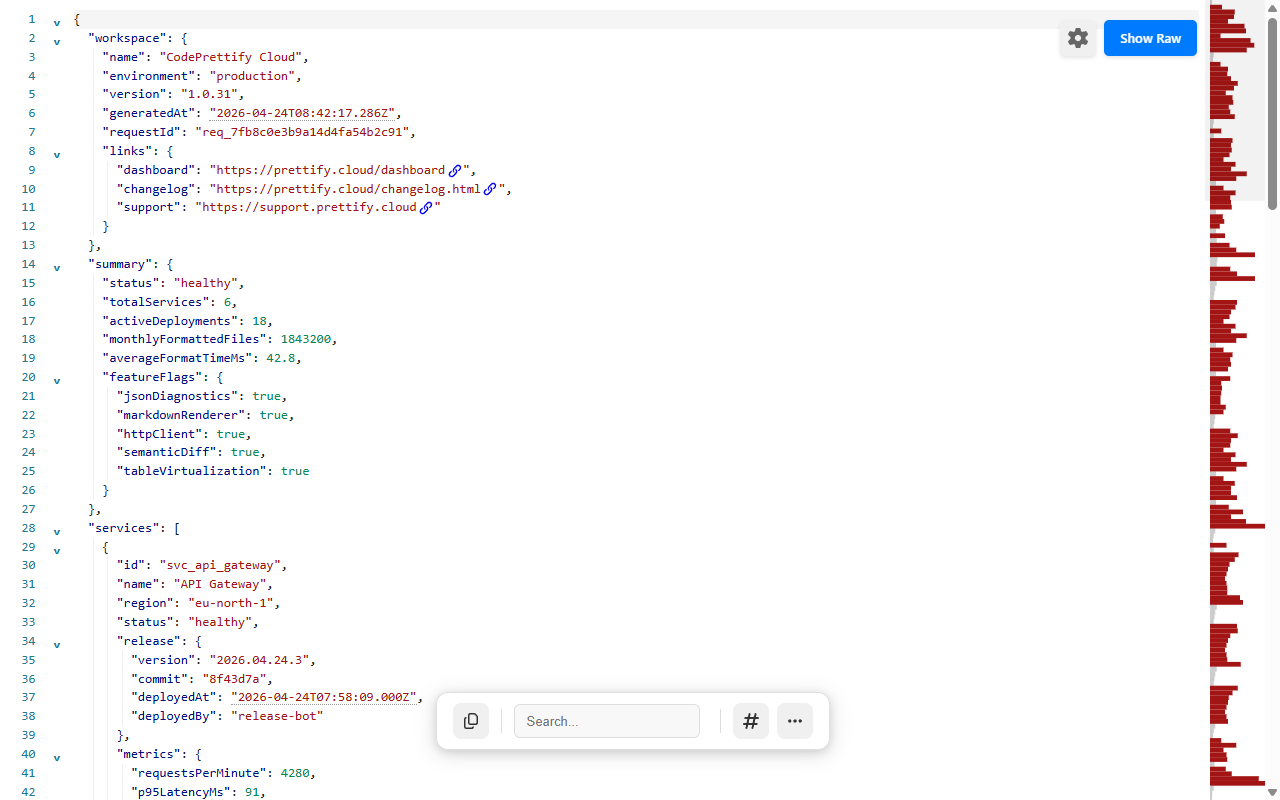 CodePrettify formatting a structured JSON API response with nested services, metrics, links, arrays, and syntax highlighting