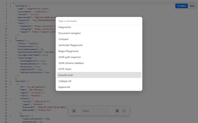 CodePrettify Command Palette showing available actions for a JSON document with Security Scan selected