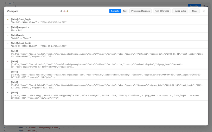 Semantic Compare showing structured JSON changes independent of formatting and object-key order