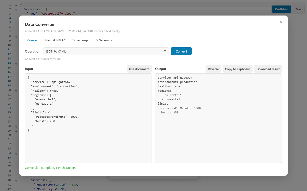 CodePrettify Data Converter dialog showing operation controls, input and output panes, and the four utility tabs