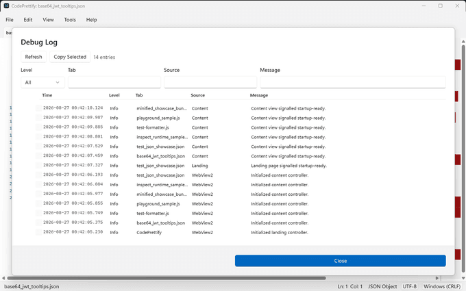 CodePrettify for Windows Debug Log with filters and aligned Time, Level, Tab, Source, and Message columns
