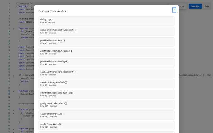Document Navigator showing searchable JSON paths, previews, nesting depth, and source-line links