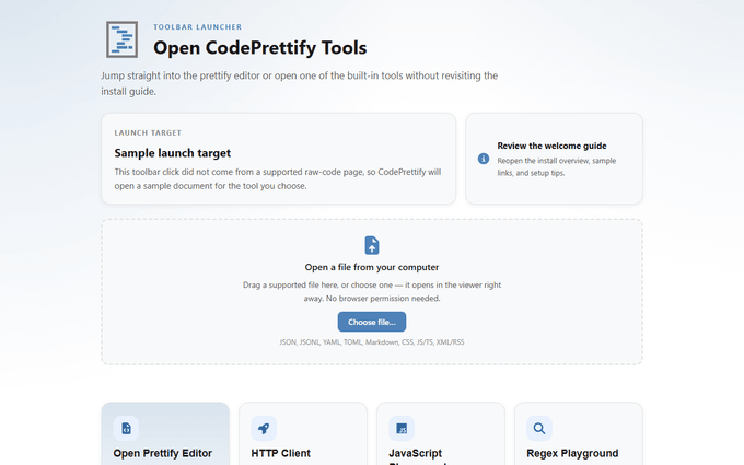 CodePrettify extension launcher shown from the top with launch context, local-file drop zone, supported formats, and tool shortcuts
