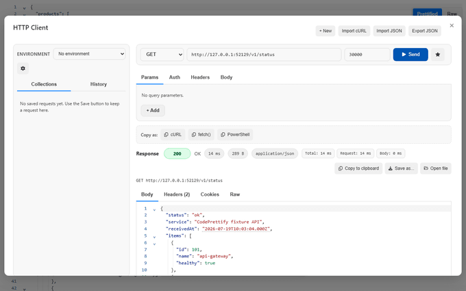 HTTP Client composing a GET request and inspecting its JSON response, status, headers, and timing