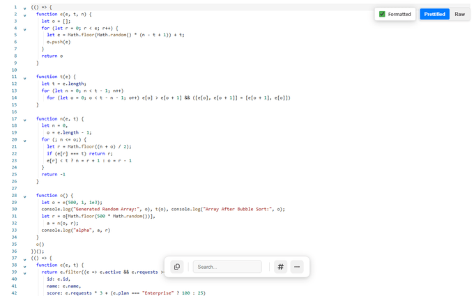 A minified JavaScript bundle transformed into readable, syntax-highlighted code with folding and a minimap