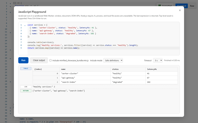 JavaScript Playground running sandboxed code and displaying console output, a table, and a return value