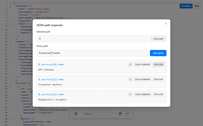 JSON Path Inspector with a path query, autocomplete, matching values, source locations, and copy actions