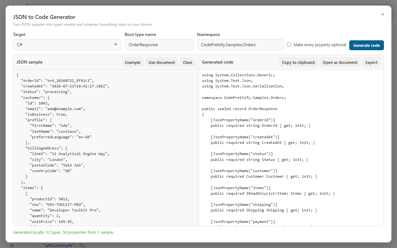 CodePrettify JSON to C# class converter turning a nested order payload into annotated sealed records