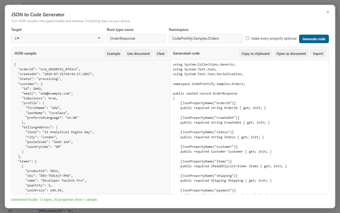 JSON to Code Generator converting an advanced nested order payload into annotated C# models