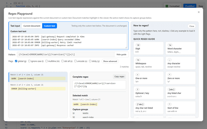 Regex Playground with Current document and Custom text sources, flag controls, live matches, capture groups, and a copyable complete expression