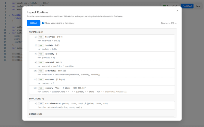 Inspect Runtime grouping captured JavaScript variables, functions, classes, values, signatures, and source-line links