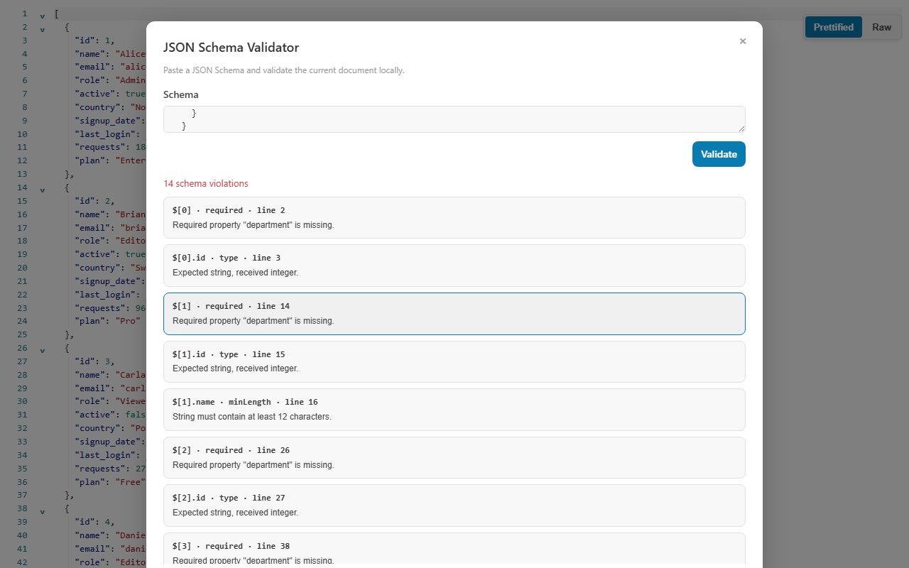 JSON Schema Validator showing a local schema, validation summary, instance paths, messages, and source-line links