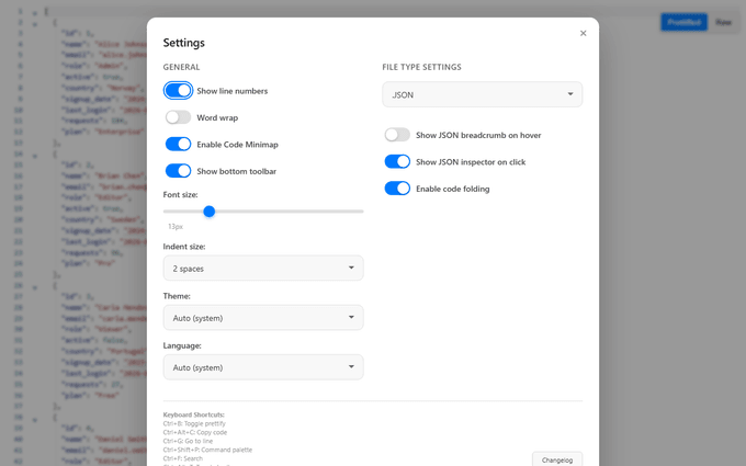 Browser extension settings for theme, language, editor behavior, and per-format options