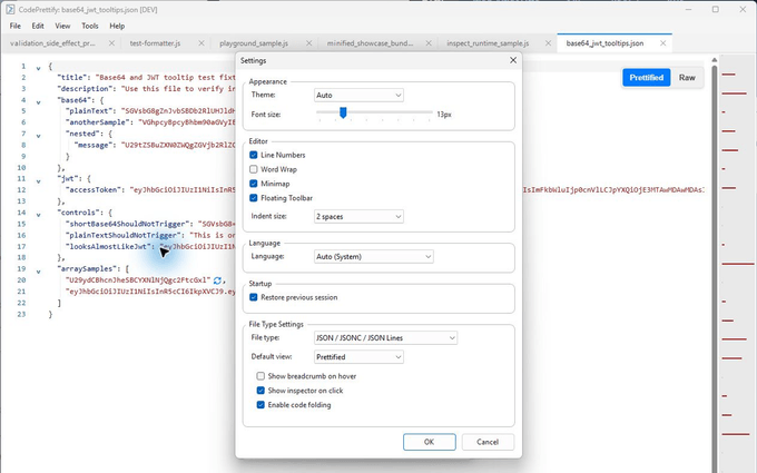 CodePrettify for Windows settings for appearance, editor behavior, language, startup, and per-file-type options