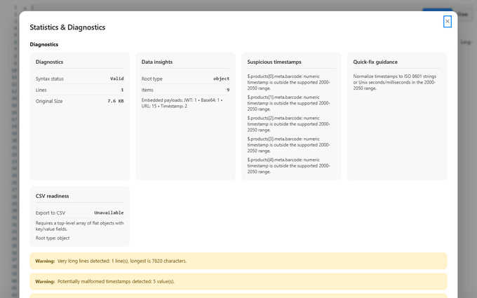 Statistics and Diagnostics reporting document size, structure, syntax status, data insights, and actionable warnings