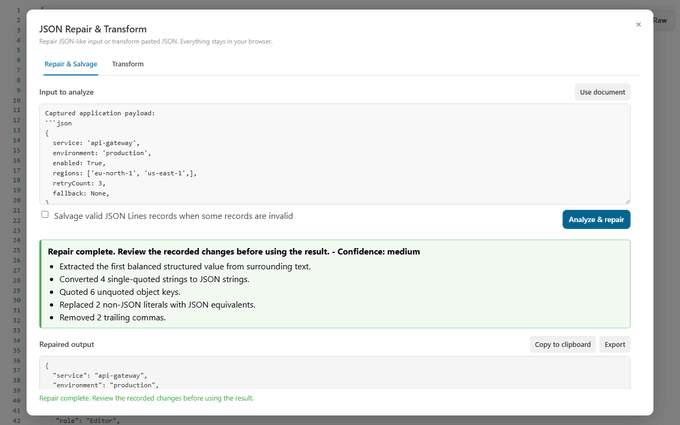 JSON Repair and Transform repairing messy JSON-like data and listing every recorded change