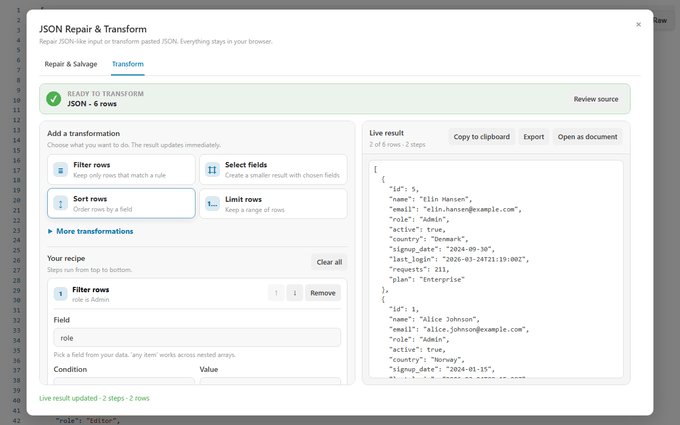 JSON Repair and Transform applying filter and sort steps while showing the live JSON result
