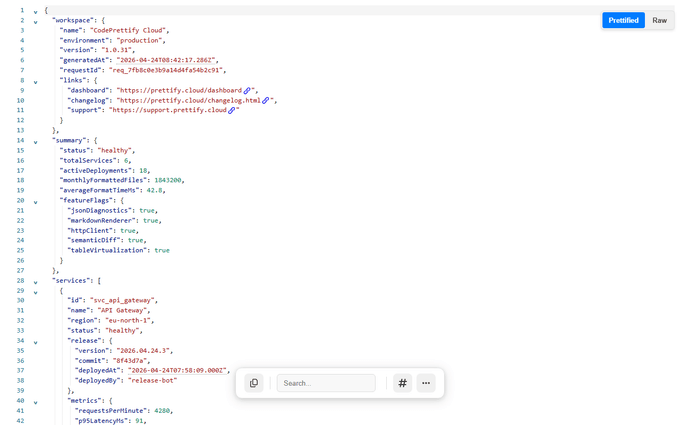 Formatted JSON in the CodePrettify viewer with line numbers, folding, minimap, view switcher, and floating toolbar