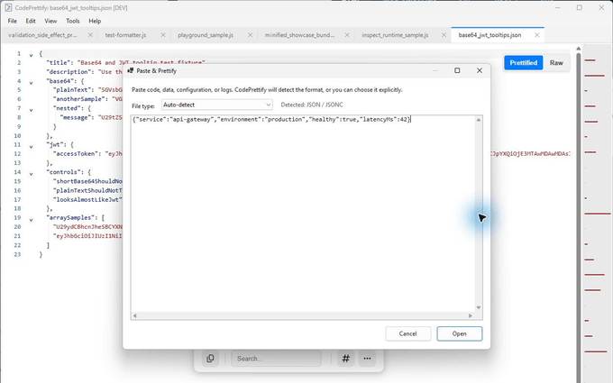 CodePrettify for Windows with native document tabs and the localized Paste and Prettify dialog