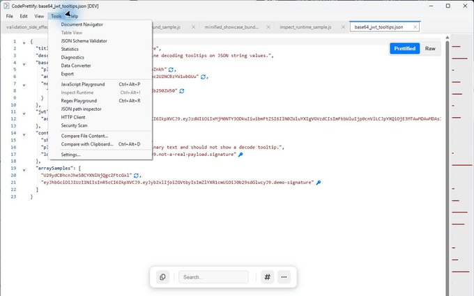 The CodePrettify for Windows Tools menu listing document navigation, conversion, comparison, playground, inspection, and settings commands