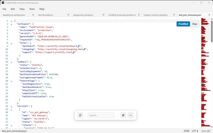 CodePrettify 2.0 for Windows showing the WinUI 3 menu bar, several document tabs, formatted JSON, minimap, floating toolbar, and status bar