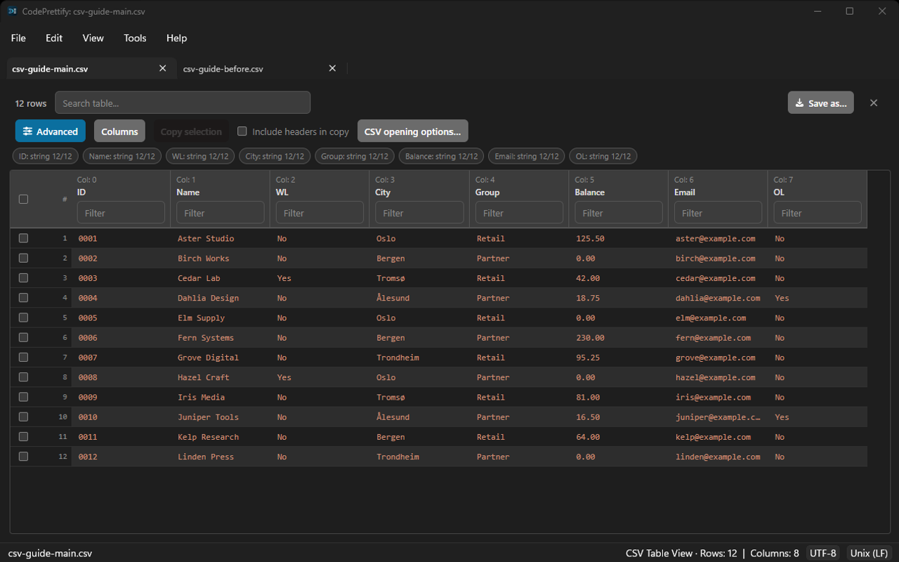 Windows application CSV Advanced controls, column indexes and summaries in the dark theme