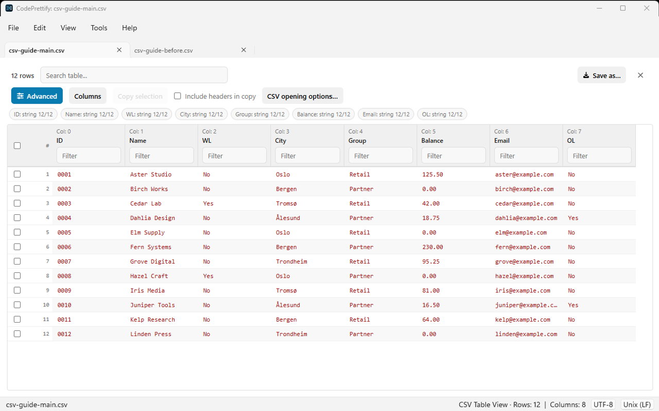 CSV Advanced mode in the Windows app with zero-based Col labels, column filters and unique counters