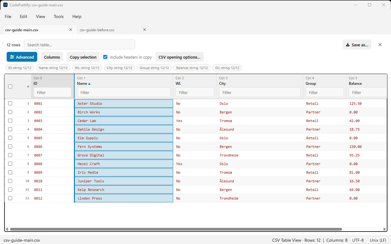 Windows CSV table with the entire Name column selected for copying