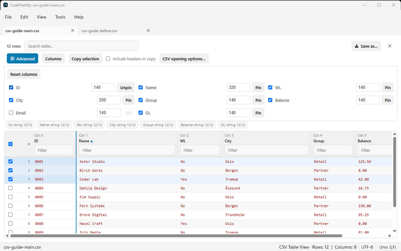 Windows table Columns panel with visibility checkboxes, editable widths and a pinned ID column
