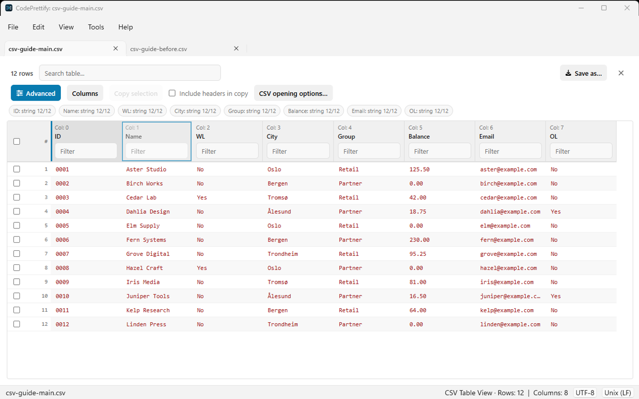 Column drag in the Windows CSV table with an insertion marker before the ID heading