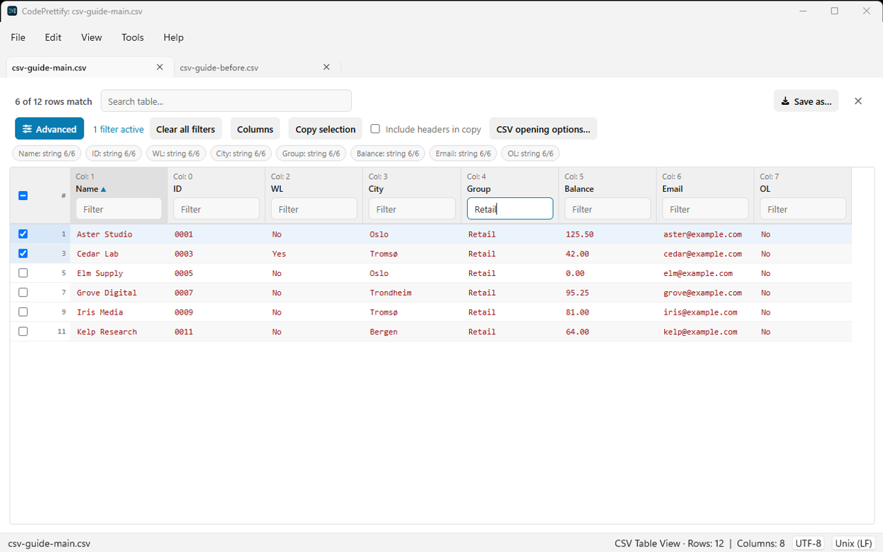 Windows CSV table filtered to Retail while retaining a previously selected Partner record
