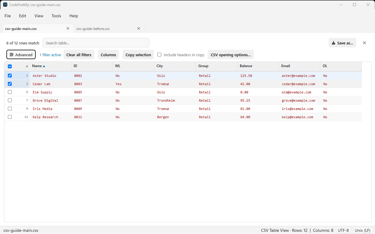 Windows CSV table with Advanced hidden and an active-filter count and Clear all filters button