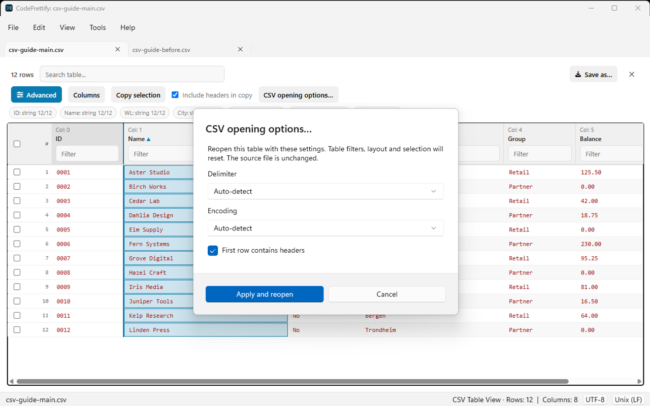 Windows CSV opening options dialog with delimiter, encoding and first-row header choices