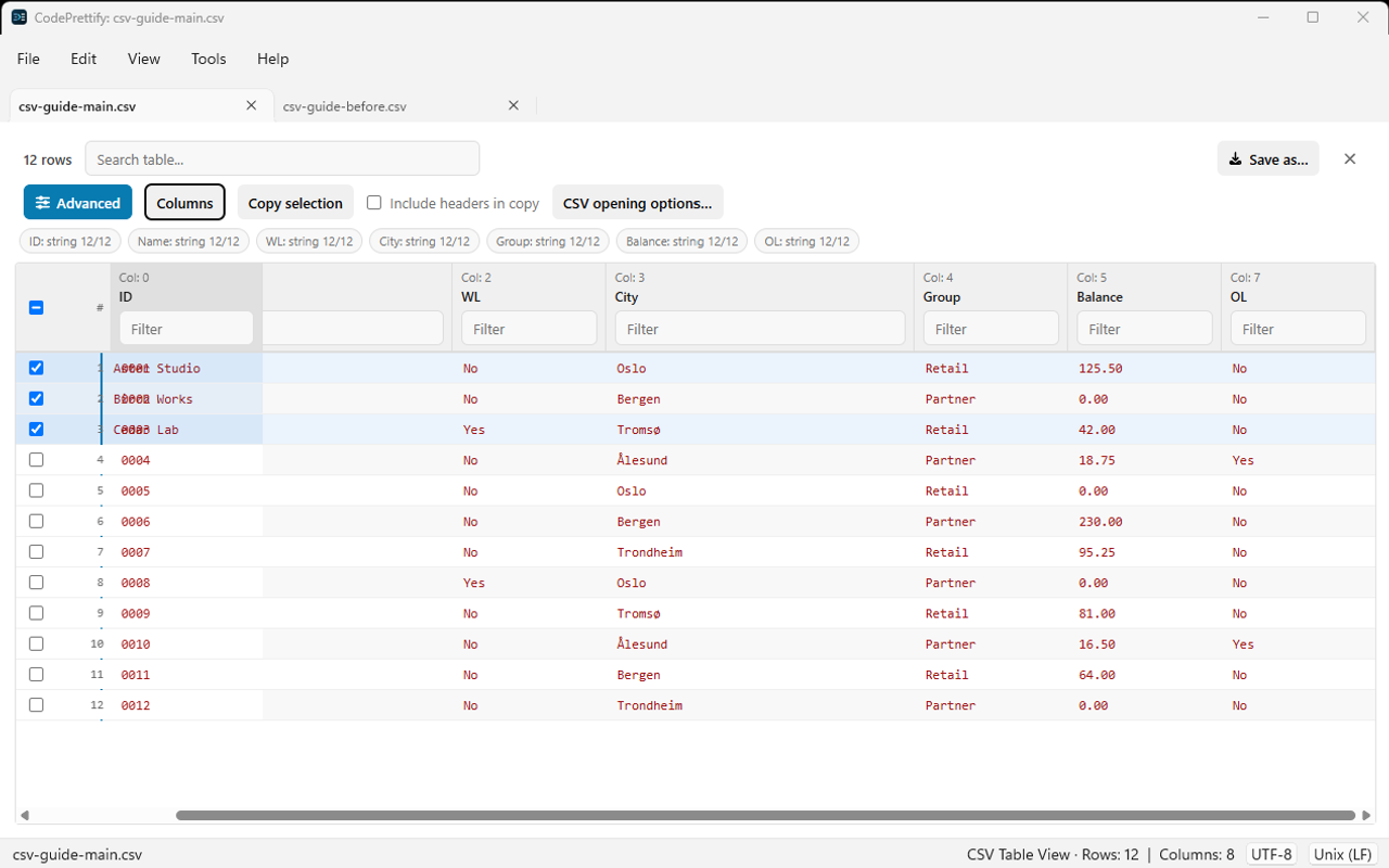 Windows CSV table scrolled horizontally with the ID column fixed on the left