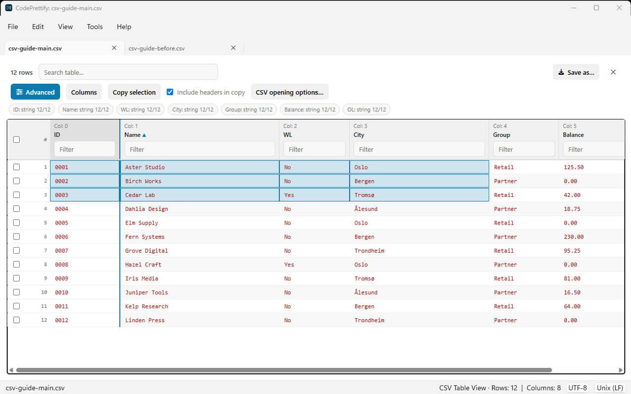 Windows CSV table showing a rectangular cell selection and the Include headers in copy option