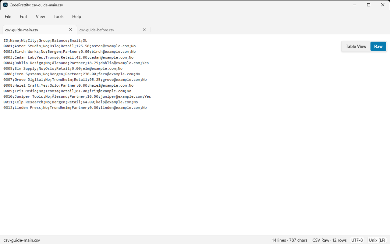 Windows application Raw view showing semicolon-separated CSV source and the Table View switch