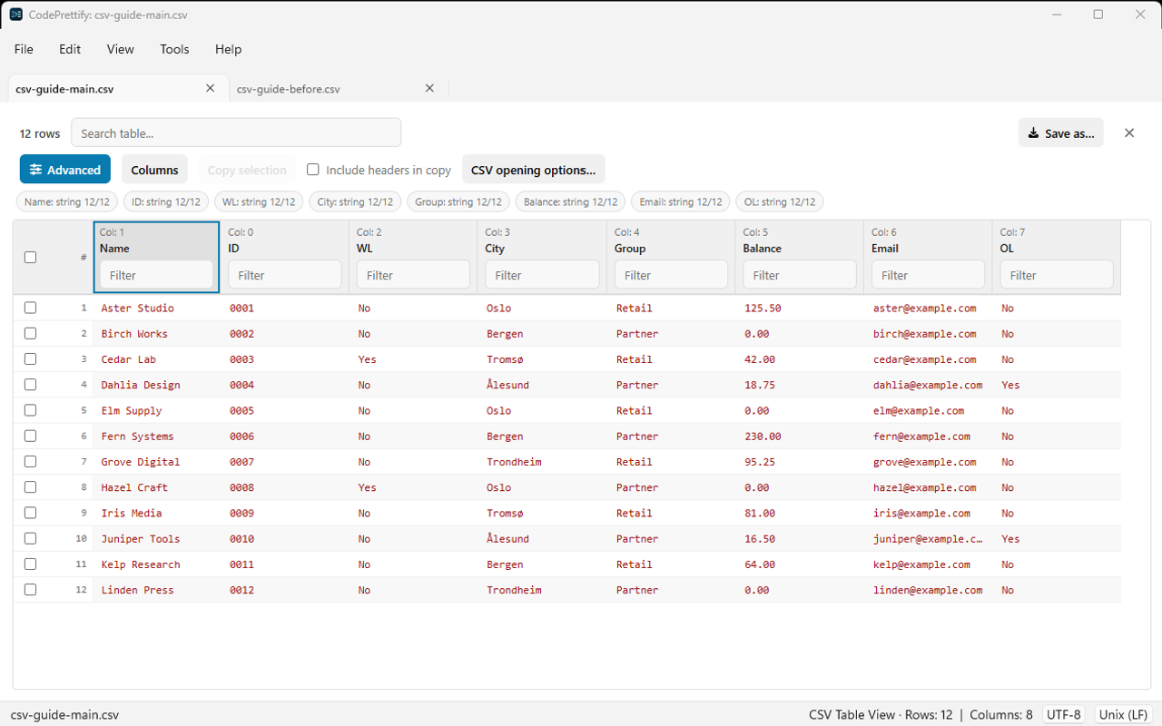Windows CSV table after moving Name ahead of ID while retaining the original column index labels