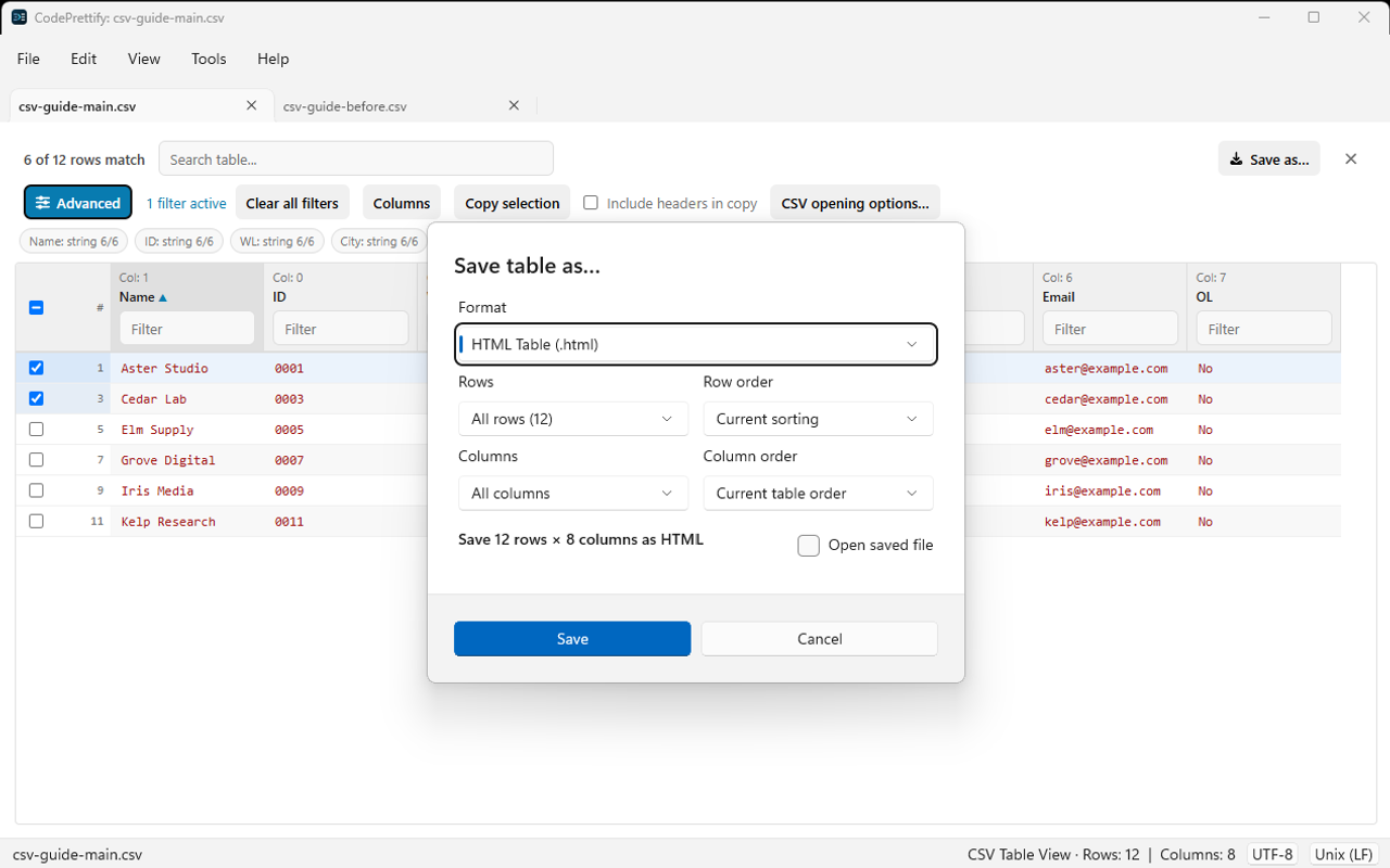 Windows table Save As dialog choosing HTML Table and all rows for a standalone report