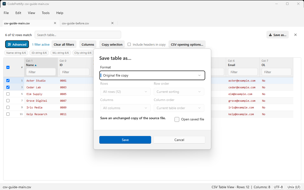 Windows table Save As dialog with Original file copy selected and transformation choices disabled