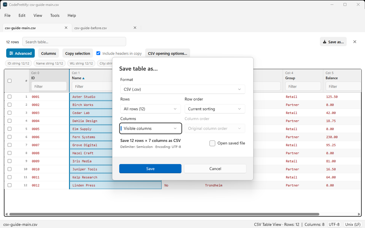 Windows Save table as dialog with Visible columns selected and a seven-column output summary