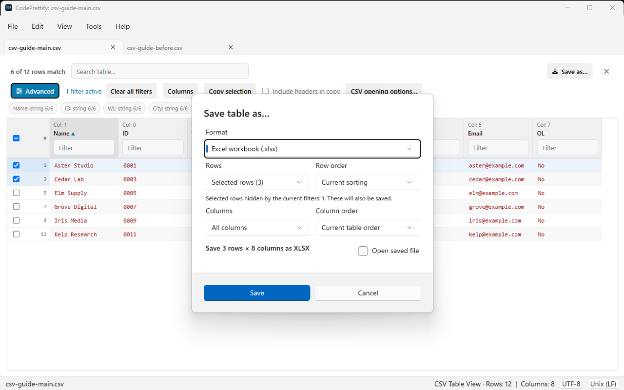 Windows table Save As dialog choosing Excel workbook xlsx with row and column order options