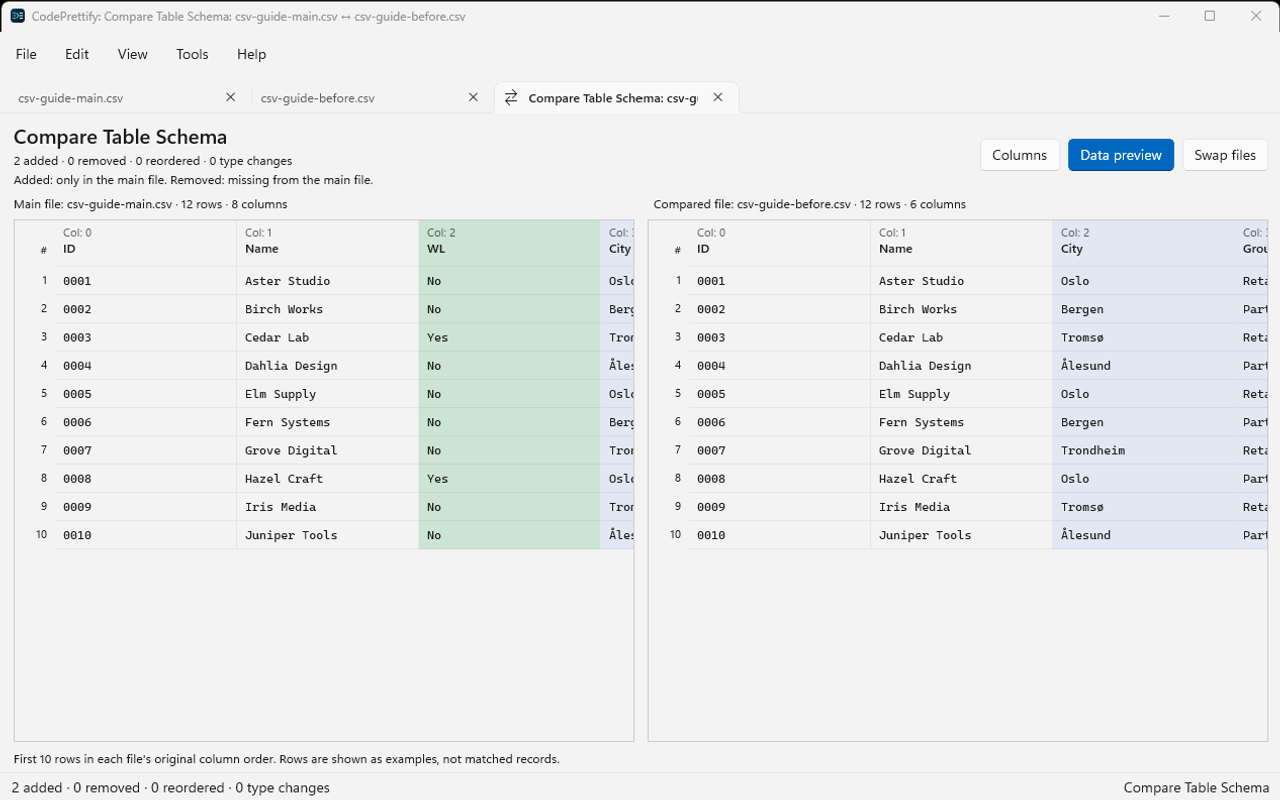 Windows schema comparison data preview showing new WL values alongside the compared CSV table