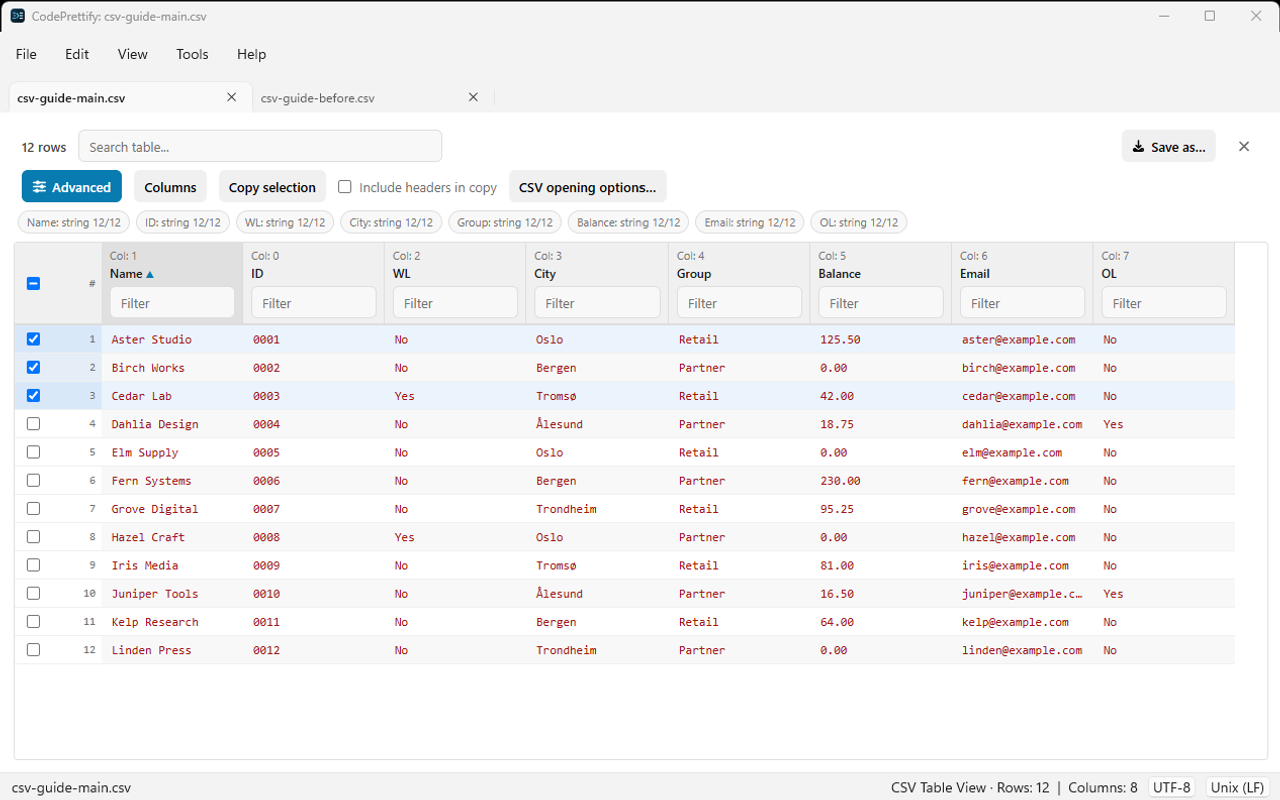 Three checked CSV records in the Windows application Table View before applying a filter