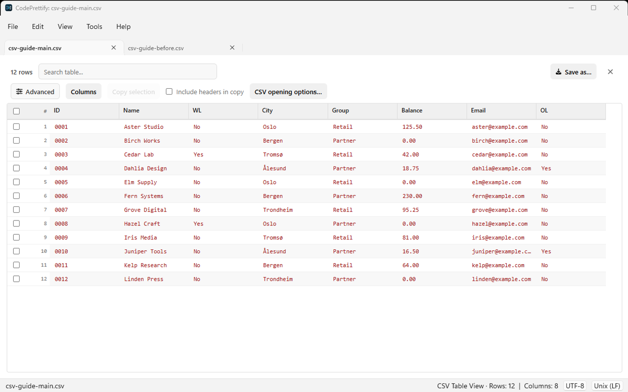 CodePrettify Windows application showing the sample CSV table in original column order