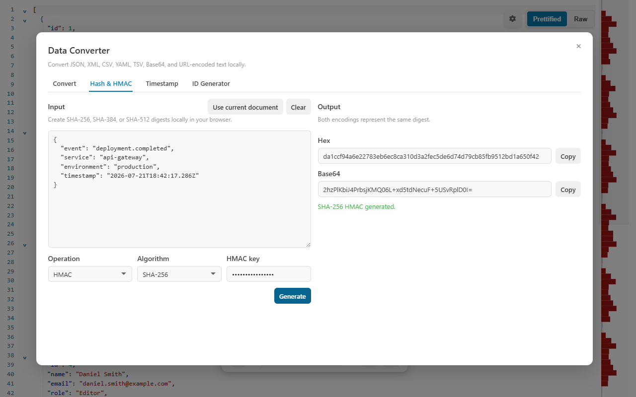 CodePrettify Data Converter utilities with the Timestamp tab for Unix timestamp conversion beside Convert, Hash and HMAC, and ID Generator