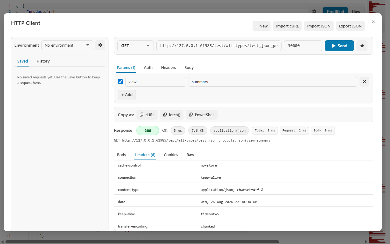 HTTP response headers including cache-control, content-type, date, and connection details