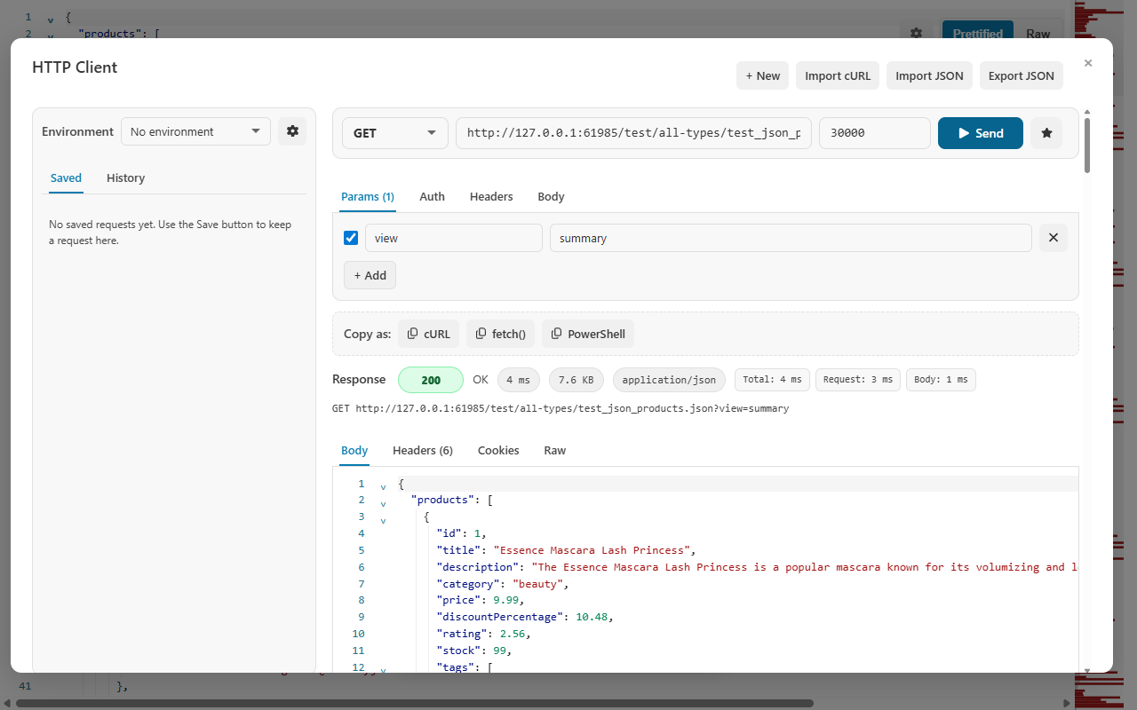 CodePrettify HTTP client browser extension with a GET request, query parameter, status, timing, and formatted JSON response