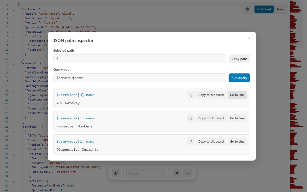 JSON Path Inspector returning the names of three services from a nested JSON document