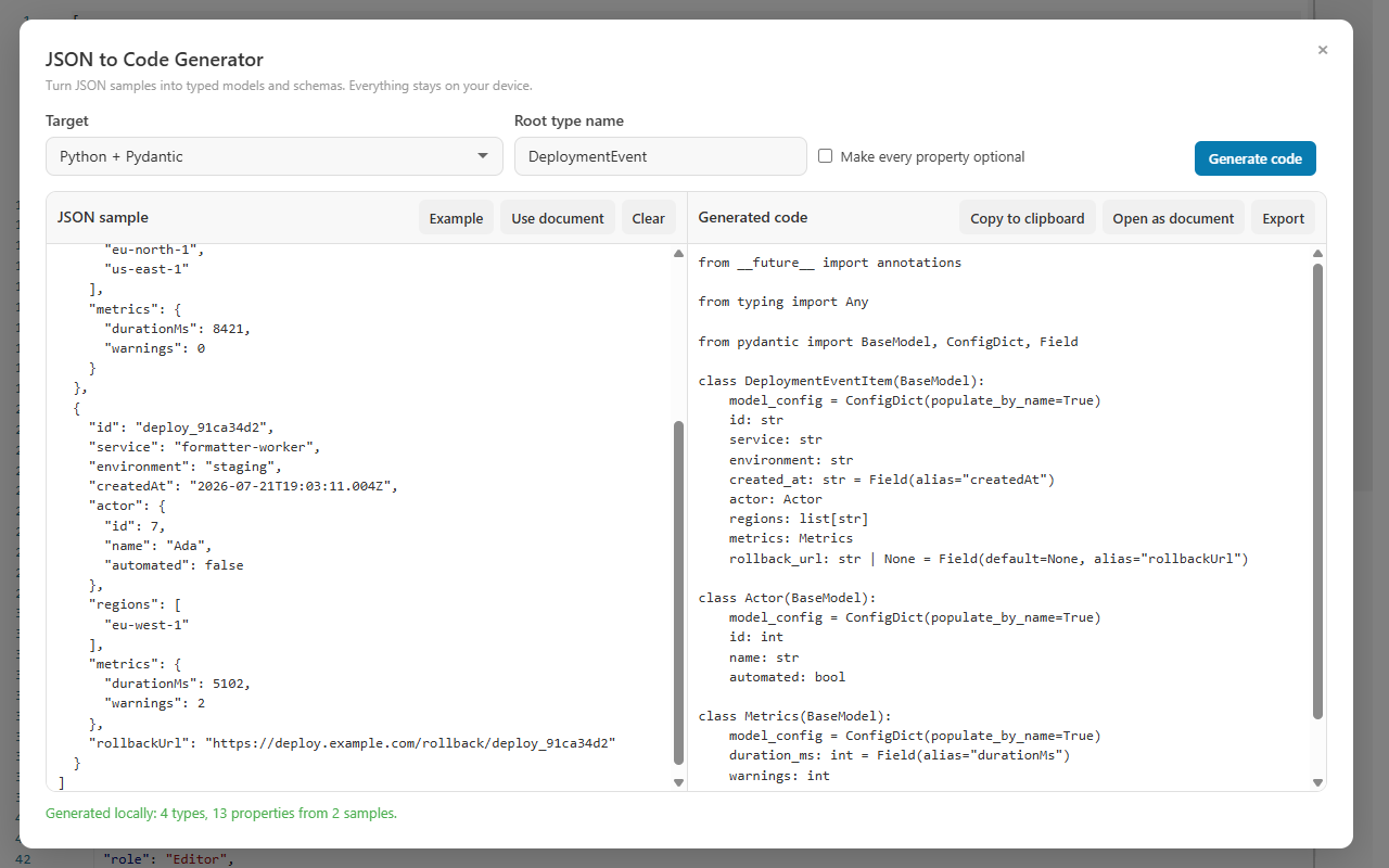The same JSON sample generating Python Pydantic models in CodePrettify instead of TypeScript interfaces